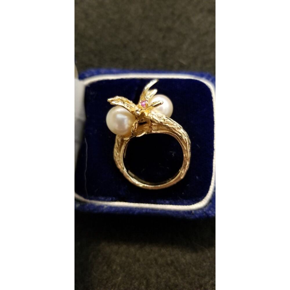 Estate Ladies 14K Gold Pearl & Pink Saphhire Ring Sz 4.5 Bold Statement Ring - Picture 4 of 12